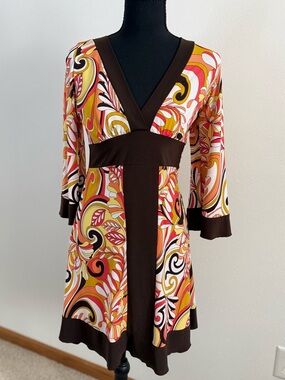 American One Y2K Psychedelic Swirl Print Empire Waist Dress Boho Retro Size S